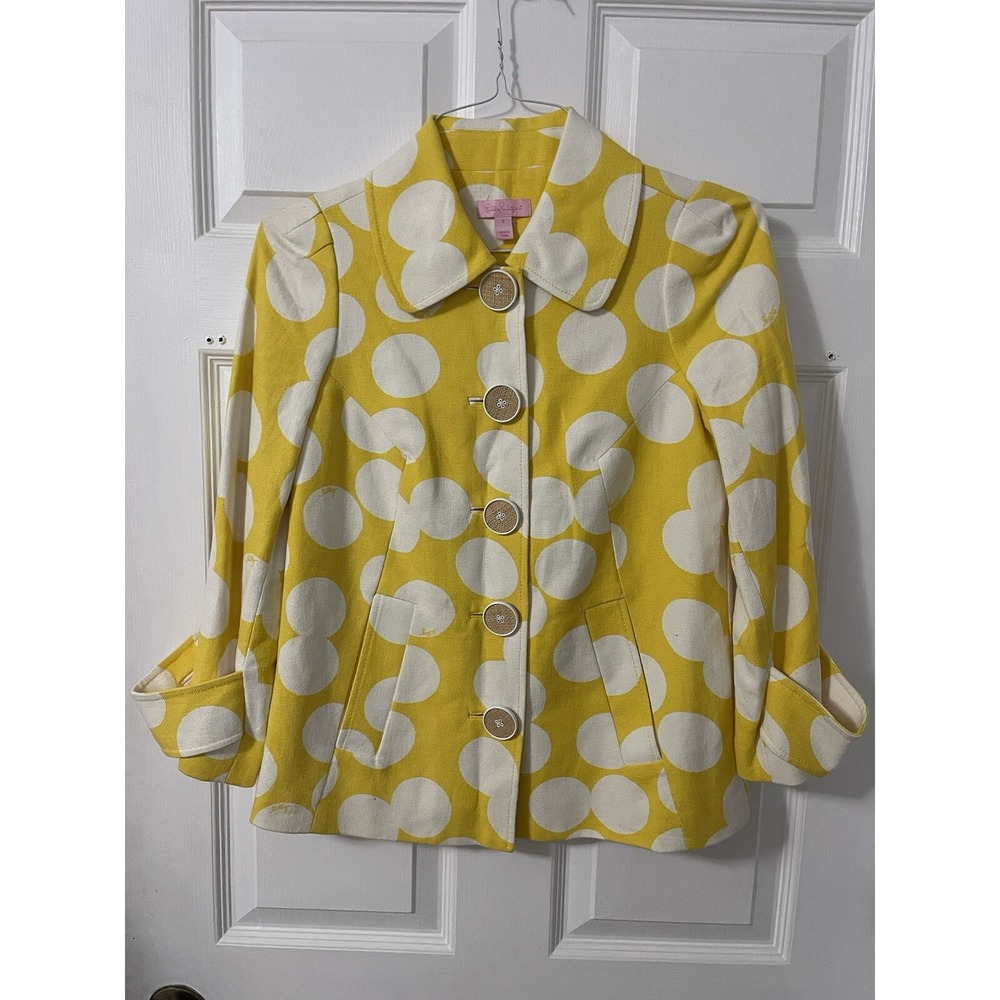 Lilly Pulitzer Yellow White Polka Dot Large Button Blazer Jacket Size 0 Spring